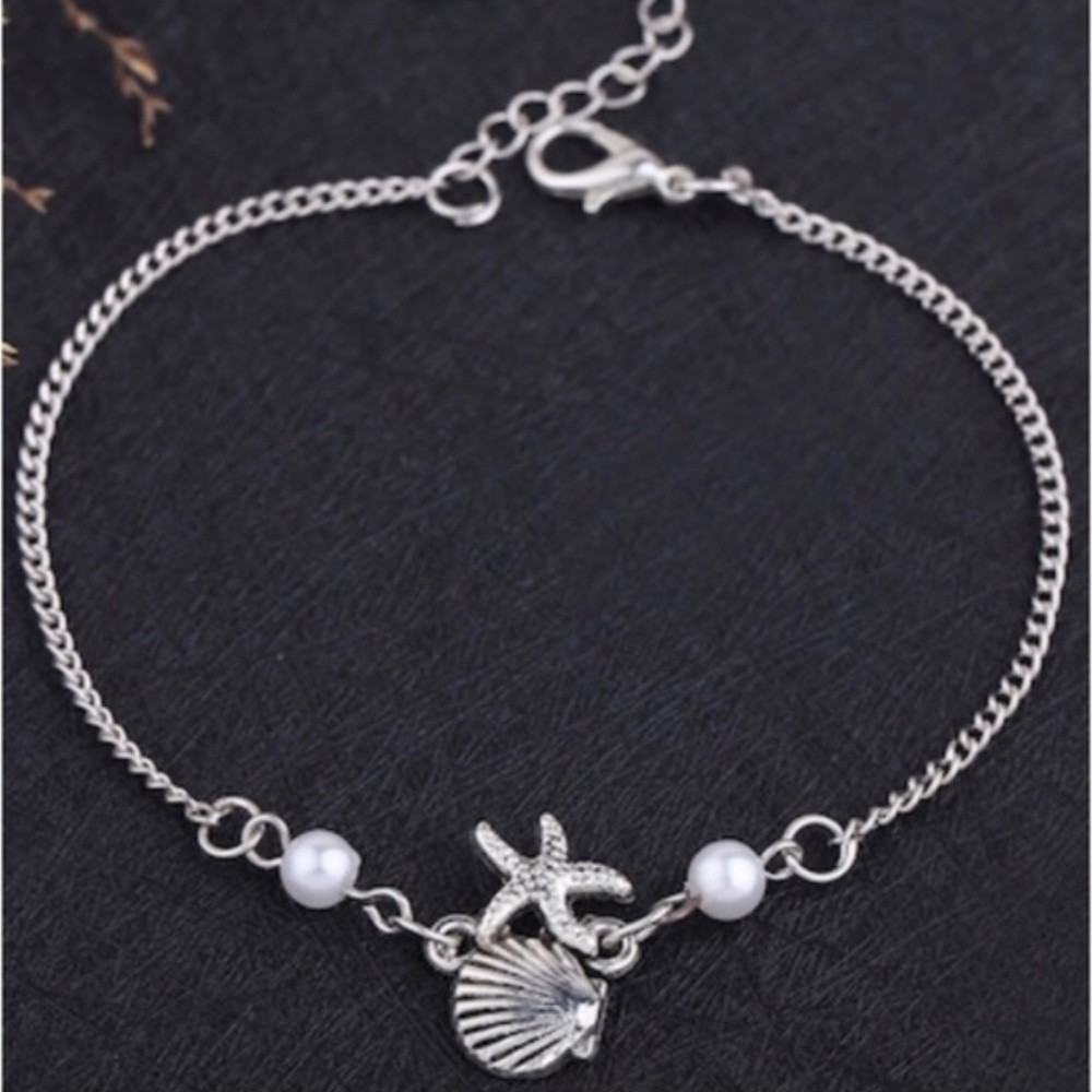 Starfish shell and pearl silver ankle bracelet